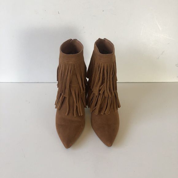 Nine West Brown Suede Western Booties Fringe Ankle Faux Suede Pointed Toe Size 6 - Picture 3 of 13